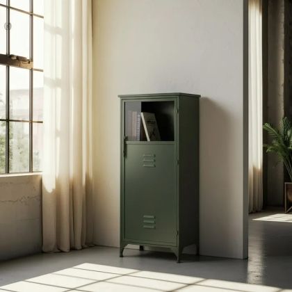 Mueble auxiliar alto industrial en metal verde menta y cristal templado.