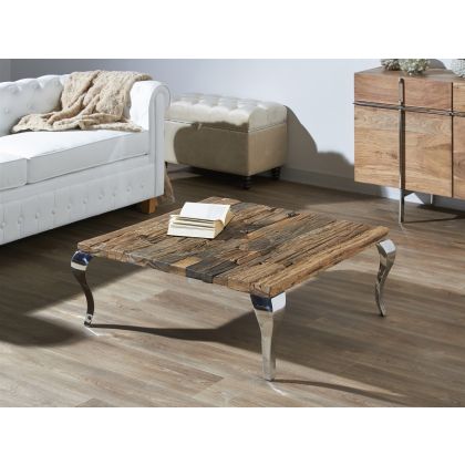 Mesa De Centro Estilo Vintage Madera Marrón Envejecida Rail  Patas Acero, 90 Cm