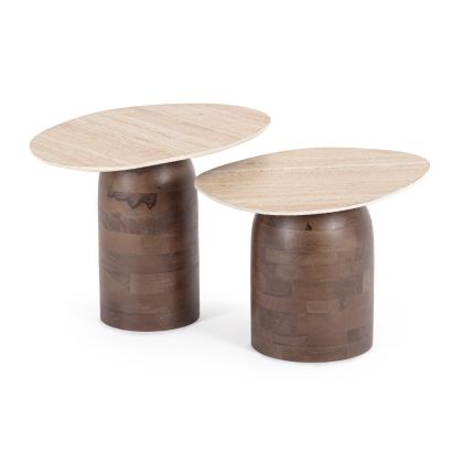Set de 2 mesas auxiliares nórdico moderno con base de madera de mango marrón y sobre de cerámica beige.