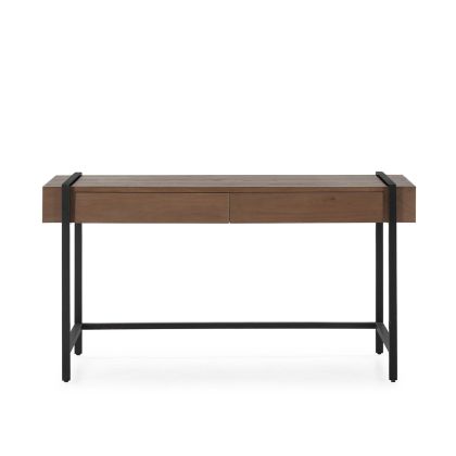 Escritorio en madera de olmo marrón y metal negro con 2 cajones.