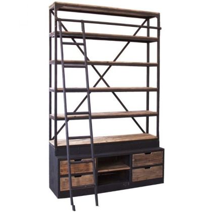 Librería Industrial Con Escalera Negro/Natural Madera,160 Cm
