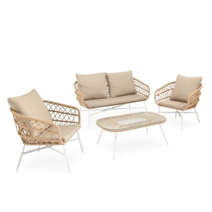 Conjunto de jardín tropical un sofá, sillones y una mesa de centro en cuerda beige, acero blanco y cristal templado.