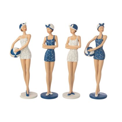 Figura decorativa surtida de 4 mujeres en poliresina azul y blanco.