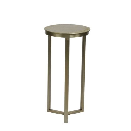Mesa auxiliar o pilar mid-century con sobre redondo de metal oro claro.