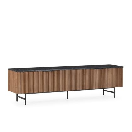 Mueble de TV 2 cajones diseño moderno en madera de olmo nogal, con sobre de mármol reconstruido marquina y patas de metal negro.