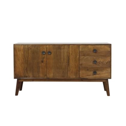 Aparador mid-century en madera marrón oscuro y tiradores de metal negro.