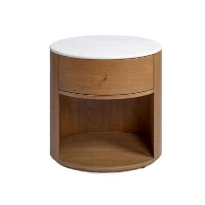 Mesita de noche nórdica con 1 cajón en madera de roble natural y sobre de piedra blanco.