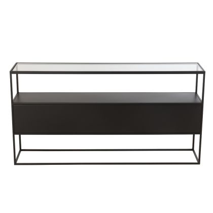 Consola de diseño moderno en metal negro y vidrio templado.