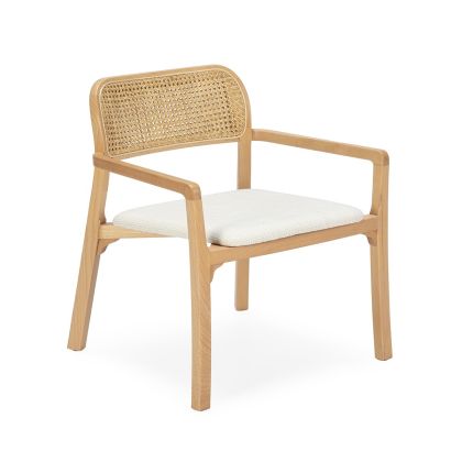 Silla de Madera Natural, Ratán y Tela en Blanco/Natural, 63 Cm.