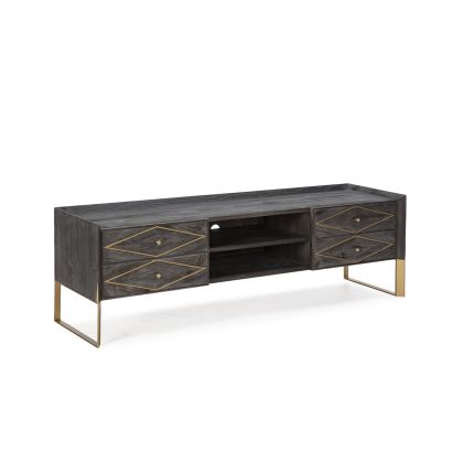 Mueble de TV Art Decó de Madera gris y detalles metálicos en dorado.