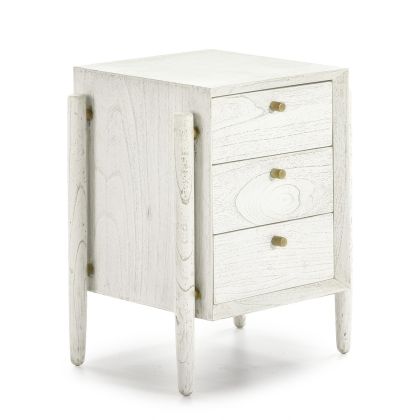 Mesita de Noche Nórdica en Madera blanca y detalles metálicos en dorado.