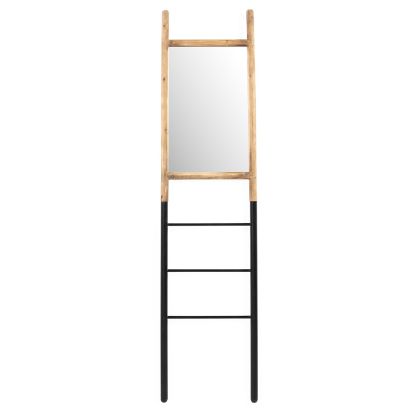 Espejo-Escalera en Cristal, Metal Negro y Madera Natural.