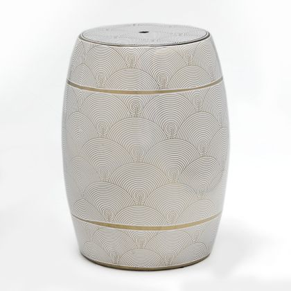 Taburete Vintage de Cerámica en Blanco y Dorado.