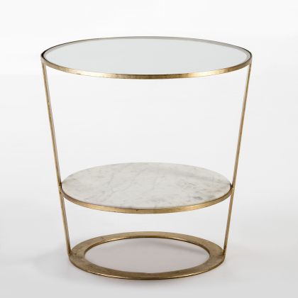 Mesa Auxiliar Art Decó en Cristal, Mármol Blanco y Metal Dorado.