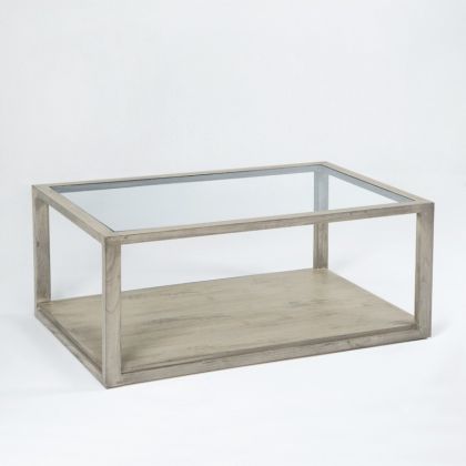 Mesa de Centro Contemporánea de Vidrio Transparente y Madera Gris Velado.