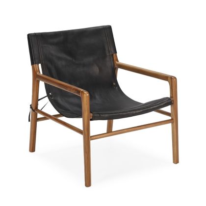 Sillón Estilo Vintage Piel Negro Madera Teca Natural, 66 Cm