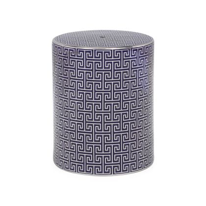 Taburete Cilíndrico Histórico en Cerámica Azul y Plateada.