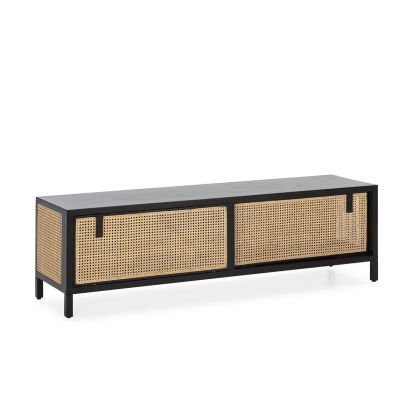 Mueble de TV de 2 Puertas Estilo Étnico en Madera negra y Ratán natural.