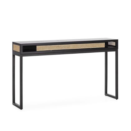 Consola Madera Ratán/Metal Negro/ Natural, 142 Cm.