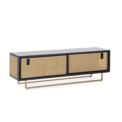 Mueble TV 160x42x52 Madera/Ratán/Metal Negro/Natural/Dorado