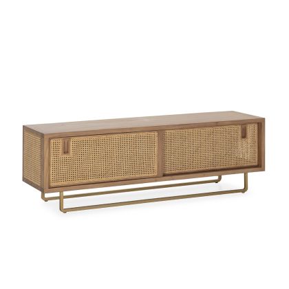 Mueble TV Estilo Étnico en Madera arena, Ratán natural y Metal dorado con 2 puertas.