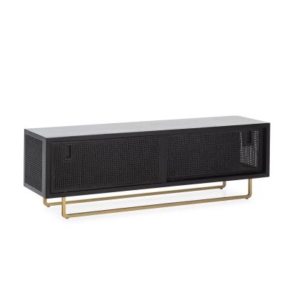 Mueble TV Estilo Étnico en Madera negra, Ratán negro y Metal dorado.