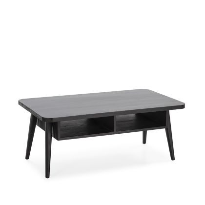 Mesa de Centro Elegante en Madera Negra con dos aperturas para organizar objetos del hogar.