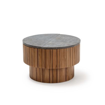 Mesa de Centro Redonda en Madera de Teca Marrón y Piedra Gris.