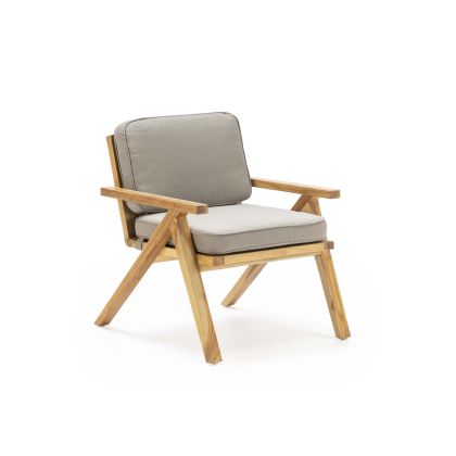 Sillón Cálido en Madera de Teca natural y Tela gris.