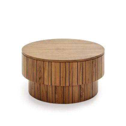 Mesa de Centro de Diseño Cilíndrico en Madera de Teca Natural con Acabado de Arena. 