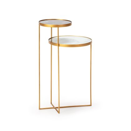 Mesa Auxiliar llamativa en Metal dorado y Cristal efecto mármol en Blanco y Negro.