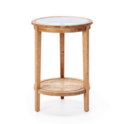 Mesa Auxiliar en Madera de Pino, Mimbre y Cristal Natural.
