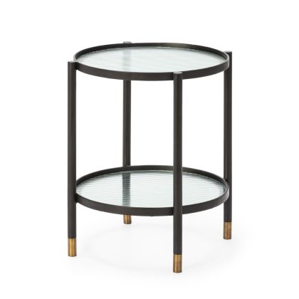 Mesa Auxiliar en Metal negro, latón y Cristal transparente.