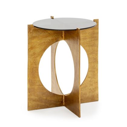 Mesa Auxiliar de siluetas curvas en Metal Dorado y Cristal Negro.