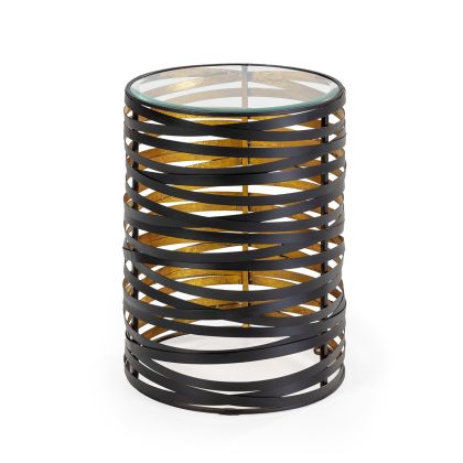 Mesa Auxiliar Elegante en Cristal y Metal negro y dorado.