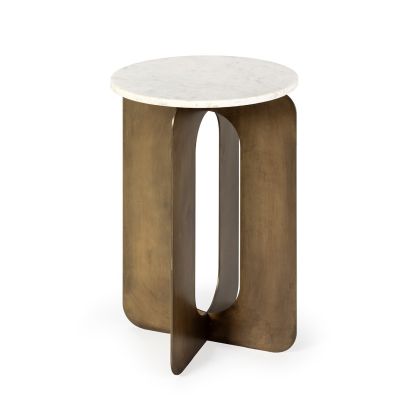 Mesa Auxiliar Redonda Escultórica en Metal dorado antique y Mármol blanco.
