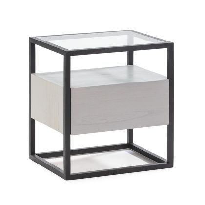 Mesita de Noche Cristal/Madera Negro con 
Pátina Gris, 50 Cm.
