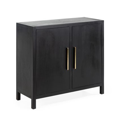 Aparador moderno en madera negra y tiradores en metal dorado.