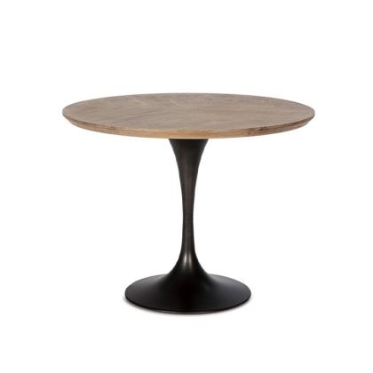 Mesa de comedor industrial moderna redonda con sobre de madera y base cónica de metal negro.