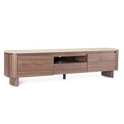 Mueble de TV 1 cajón 2P nórdico moderno en madera de nogal y sobre de piedra sinterizada beige.