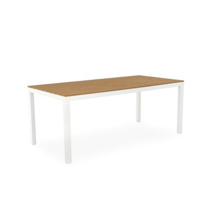 Mesa de comedor exterior nórdica en polimadera natural y aluminio blanco.
