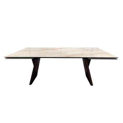 Mesa de comedor extensible diseño moderno en cerámica con capa inferior de vidrio, acero barnizado y patas de madera nogal.