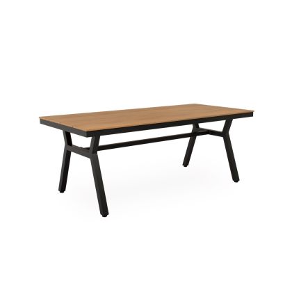 Mesa de exterior nórdica en polimadera natural y aluminio negro.