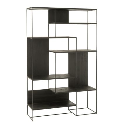 Estantería 6 baldas diseño moderno en madera de teca y metal negro.