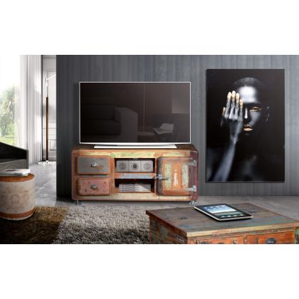 Mueble TV Madera Reciclada Multicolor Ruedas, 56 Cm