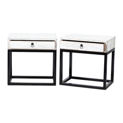 J/2 Mesitas Noche 1 Cajón Madera Pino Blanco Hierro Negro, 60 Cm