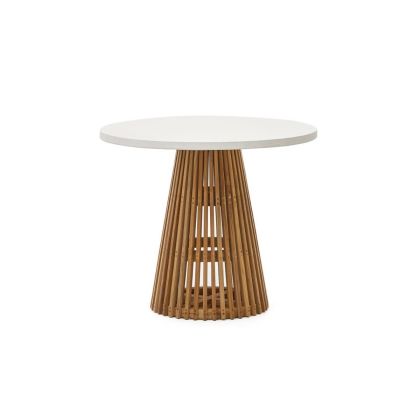 Round Outdoor Dining Table Teak Wood White Cement