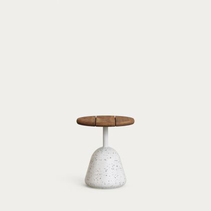 Mesa Centro Sobre Acacia Acabado Nogal Pie Terrazo Blanco, 43 Cm