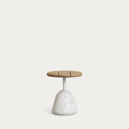 Mesa Centro Sobre Acacia Acabado Natural Pie Terrazo Blanco, 43 Cm