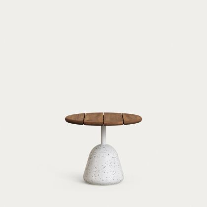 Mesa Centro Sobre Acacia Acabado Nogal Pie Terrazo Blanco, 55 Cm